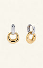 Pair of gold and silver hoop earrings on a white background